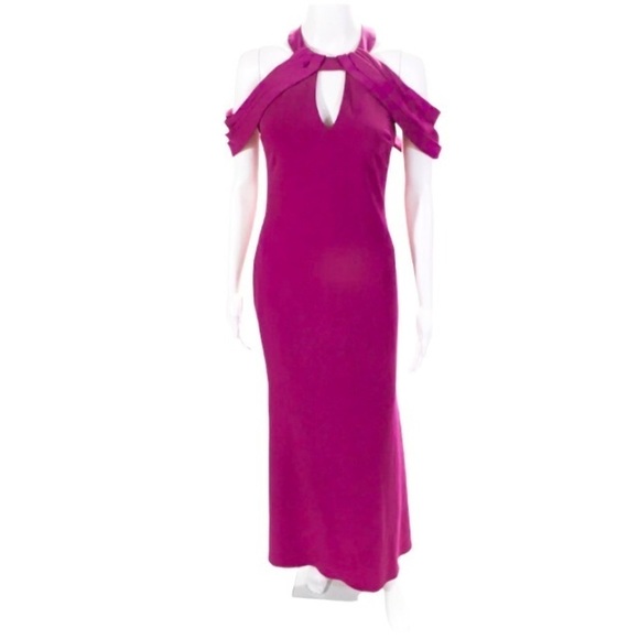 Badgley Mischka Formal Dress Gown Size 0 Magenta Crepe Caged Strappy Draped - Picture 1 of 9